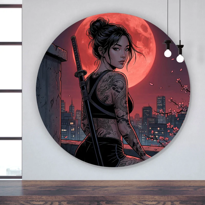 Aluminiumbild Samurai Frau bei Vollmond Kreis