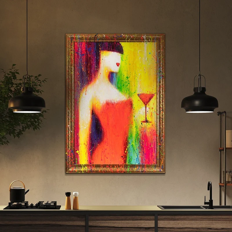 Handgemaltes bunte Bilder Pop Art "Dame mit Glas"