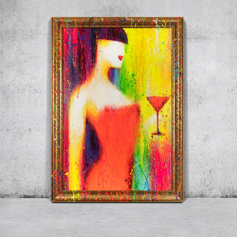 Handgemaltes bunte Bilder Pop Art "Dame mit Glas"