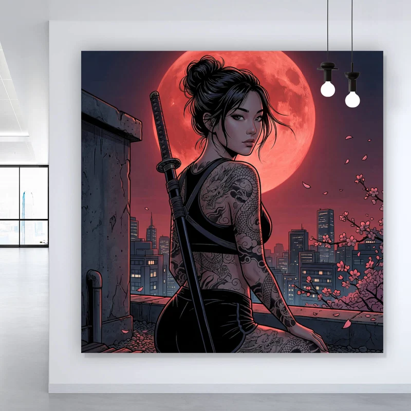 Aluminiumbild Samurai Frau bei Vollmond Quadrat