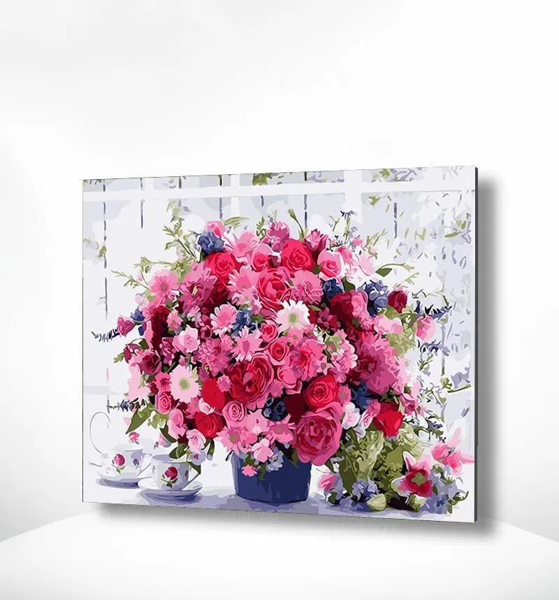 Malen nach Zahlen Rosa Blumen mit Kaffeetassen
