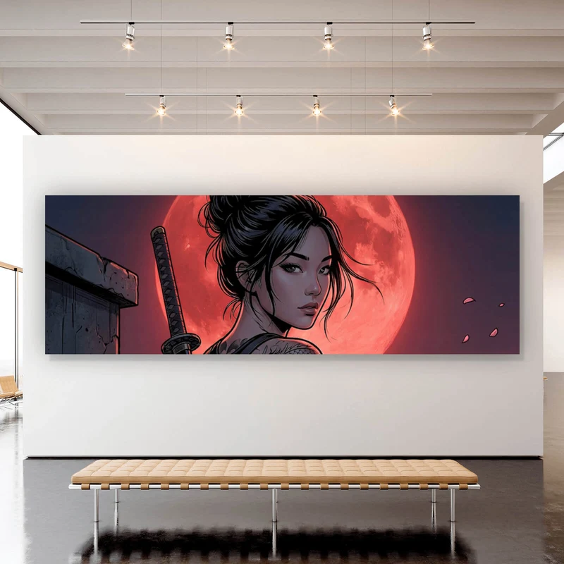 Leinwandbild Samurai Frau bei Vollmond Panorama