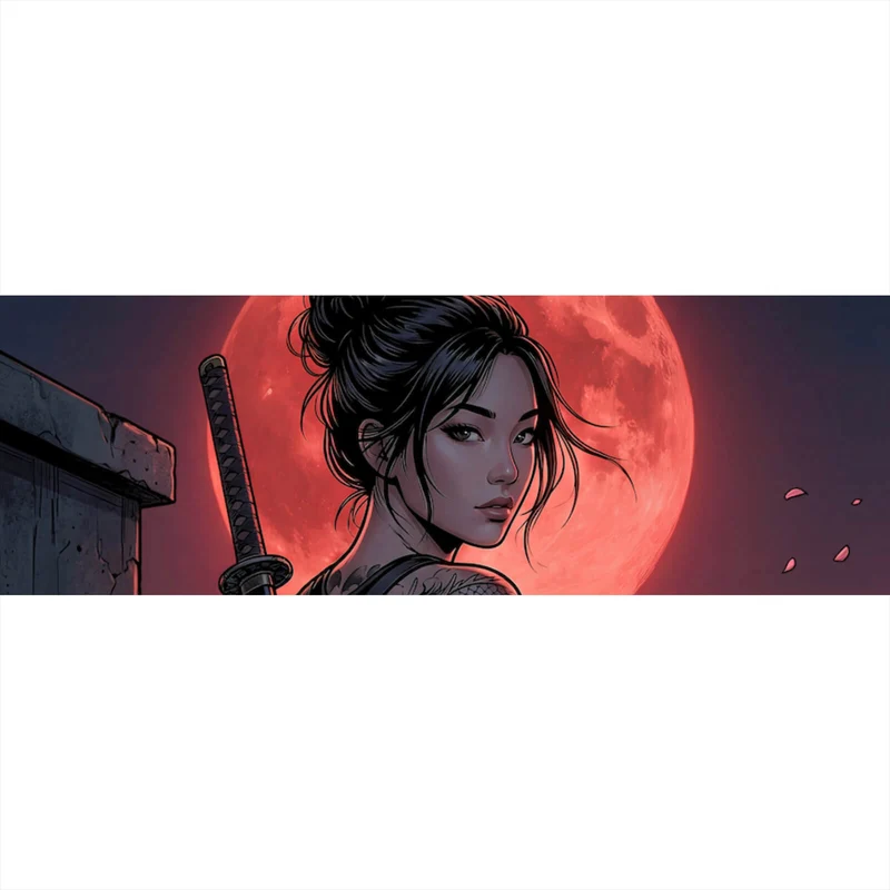 Leinwandbild Samurai Frau bei Vollmond Panorama