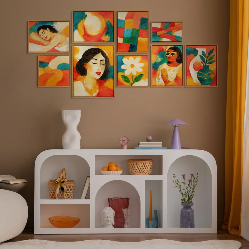 Bilder set wohnzimmer mit Rahmen Acrylbilder Handgemalt portraet Frau Gelb Relief