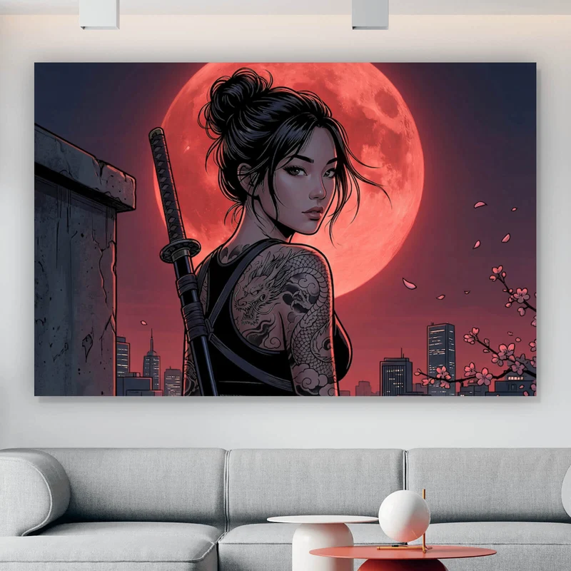 Acrylglasbild Samurai Frau bei Vollmond Querformat