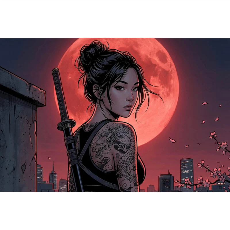 Poster Samurai Frau bei Vollmond Querformat