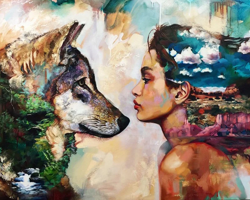 Malen nach Zahlen Frau und Wolf