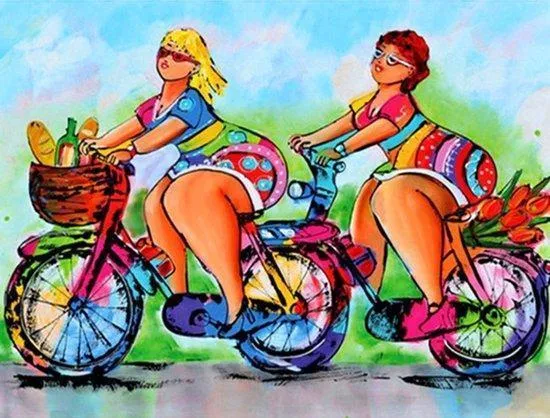 Malen nach Zahlen Dicke Damen mit Fahrrad