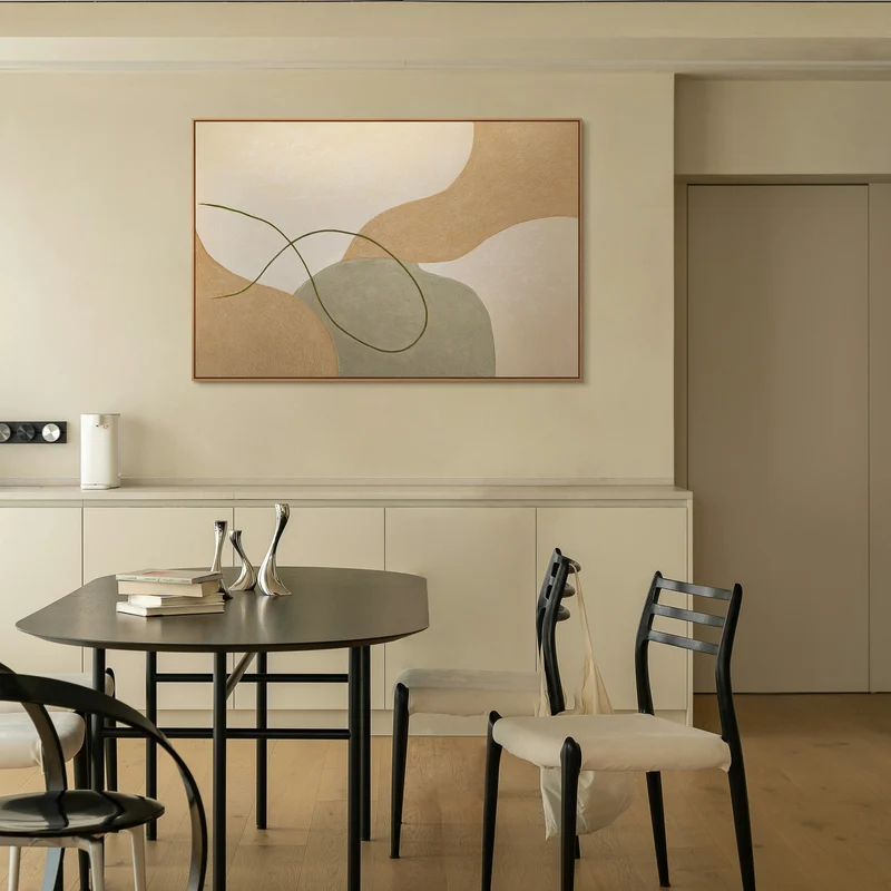 Abstrakte Kunst auf Leinwand im Rahmen mit sanften Linien „Verflechtung“