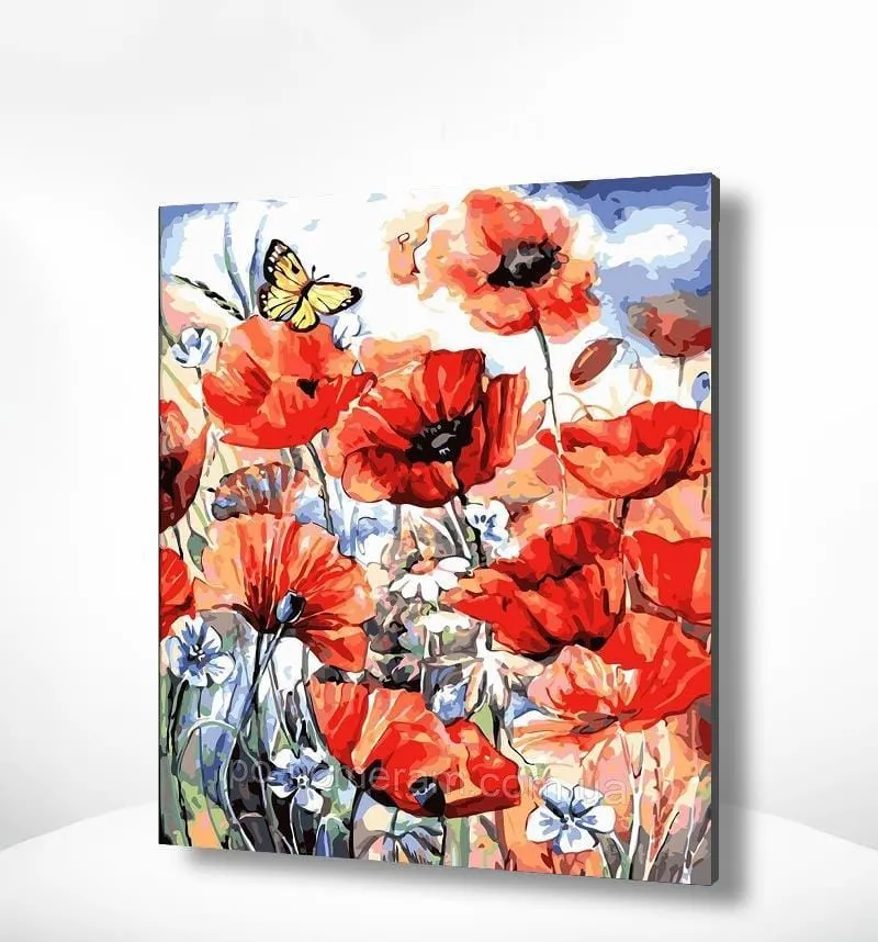 Malen nach Zahlen Mohnblumen mit Schmetterling