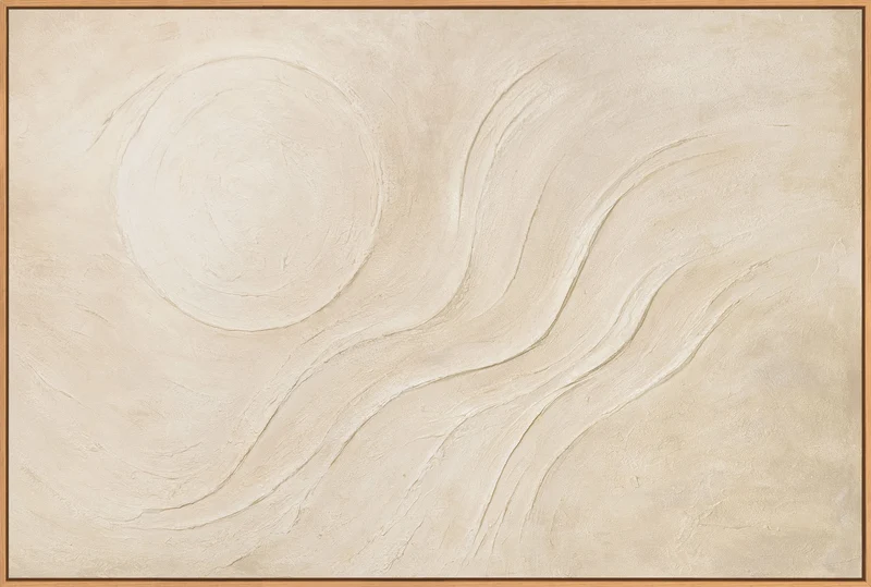 Abstraktes Leinwandbild „Sandige Sonne“ in warmen Beigetönen - moderne Gemälde mit Rahmen
