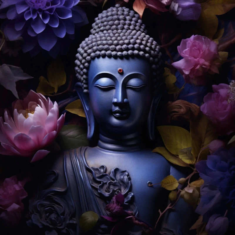 Acrylglasbild Buddha umgeben von Blumenpracht Quadrat