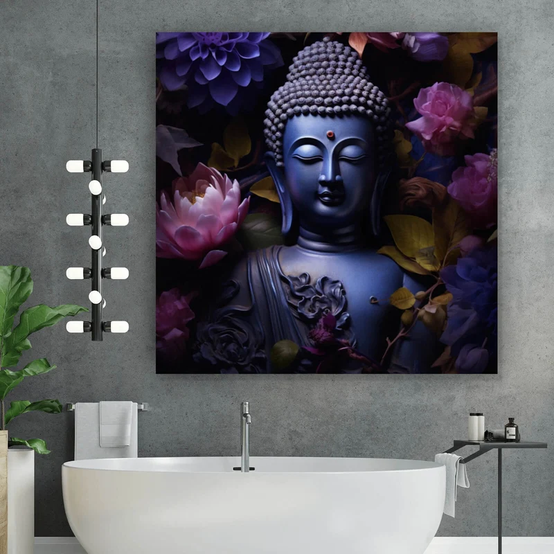 Leinwandbild Buddha umgeben von Blumenpracht Quadrat