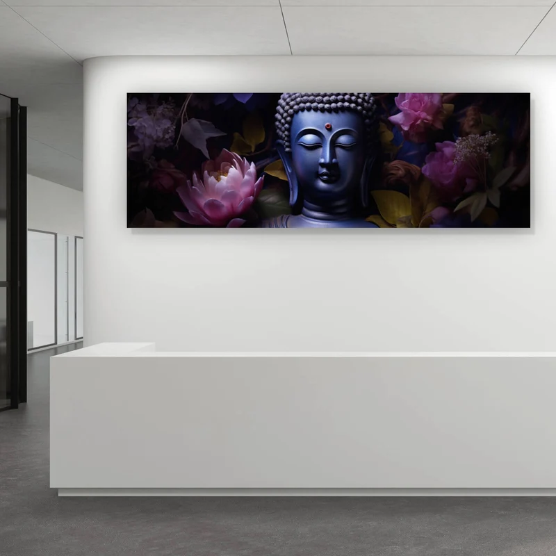 Aluminiumbild gebürstet Buddha umgeben von Blumenpracht Panorama
