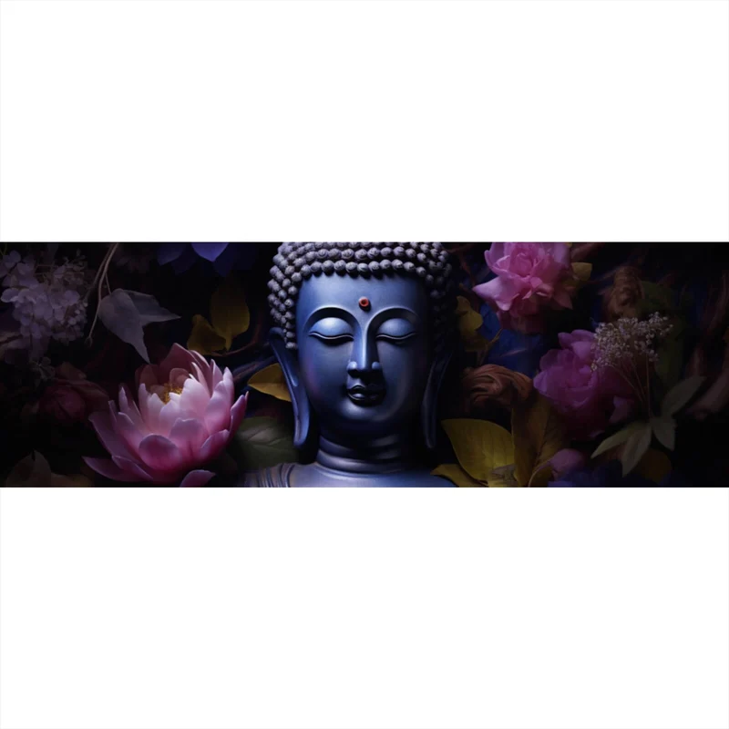 Leinwandbild Buddha umgeben von Blumenpracht Panorama