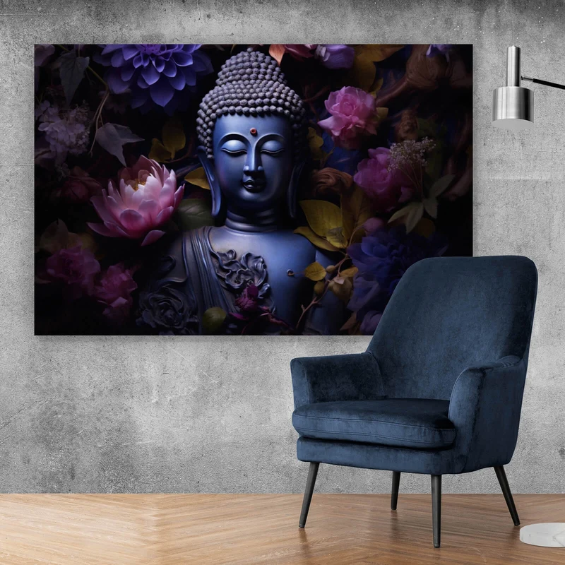 Spannrahmenbild Buddha umgeben von Blumenpracht Querformat