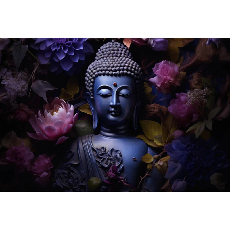 Aluminiumbild gebürstet Buddha umgeben von Blumenpracht Querformat