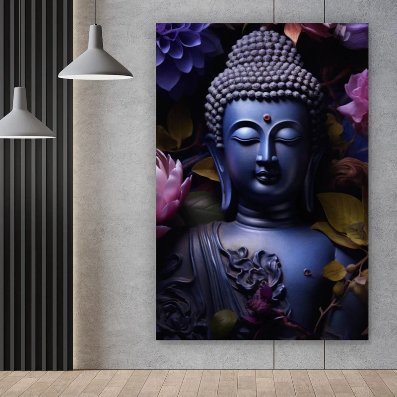 Aluminiumbild gebürstet Buddha umgeben von Blumenpracht Hochformat