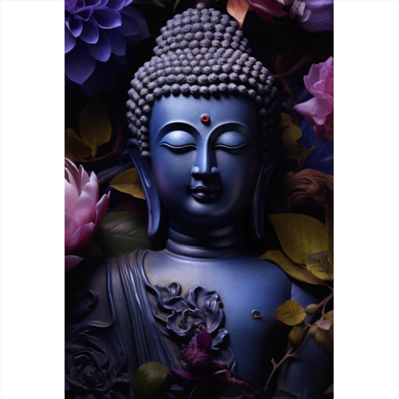 Poster Buddha umgeben von Blumenpracht Hochformat