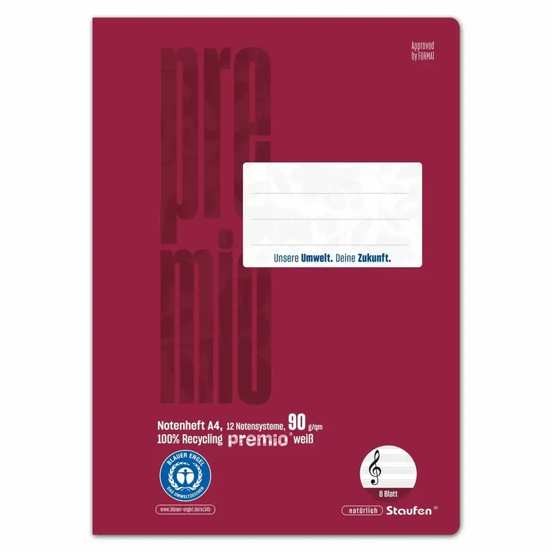 Staufen Notenheft premio Lineatur N 12 Notensysteme 8 Blatt 90g/m² DIN A4
