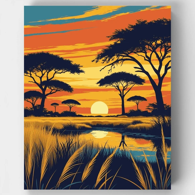 Okavango Delta Acacia Twilight Waterhole Reflection - Paint by Numbers Kit