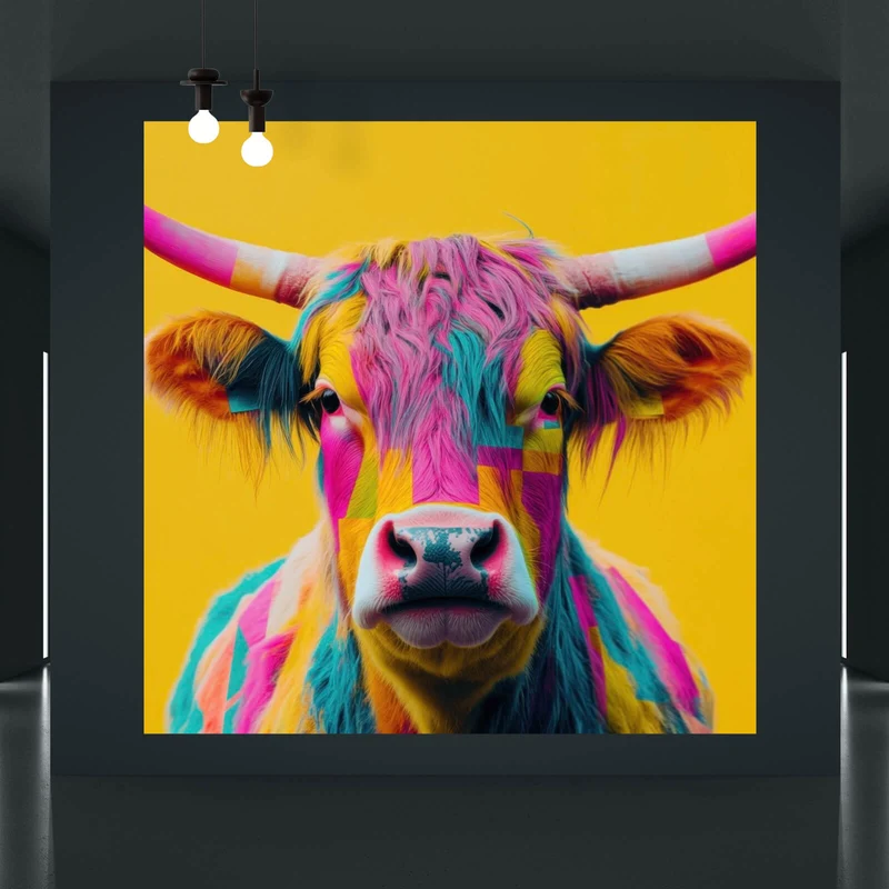Aluminiumbild Buntes modernes Hochlandrind vor gelben Hintergrund Quadrat