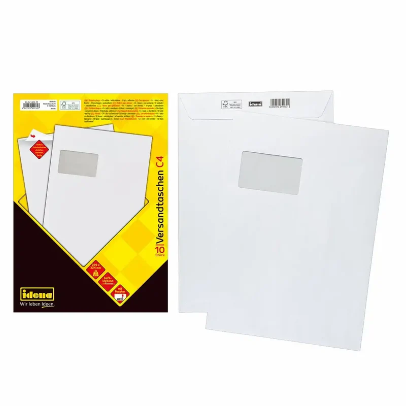 Idena Versandtaschen mit Fenster haftklebend 90g/m² weiß DIN C4 - 10 Stück