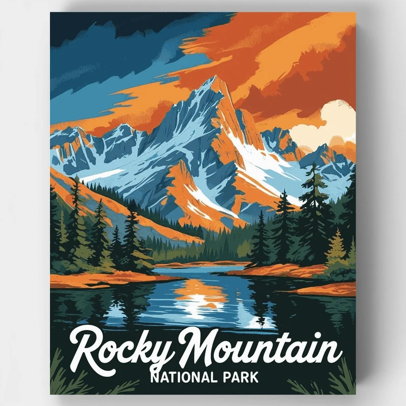 Rocky Mountain National Park Fiery Sunset River Reflection - Paint by Numbers Kit