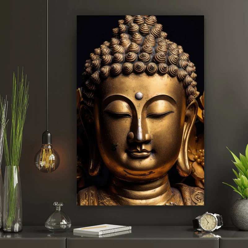 Aluminiumbild gebürstet Edle Buddha Statue mit floralen Details Hochformat