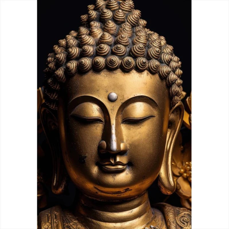 Aluminiumbild Edle Buddha Statue mit floralen Details Hochformat