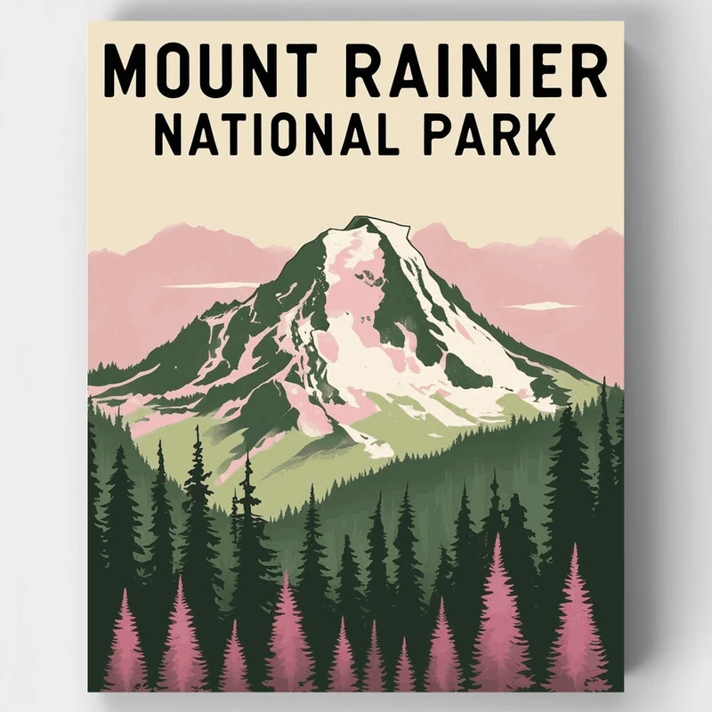 Mount Rainier National Park Pink Forest Poster - Paint by Numbers Kit