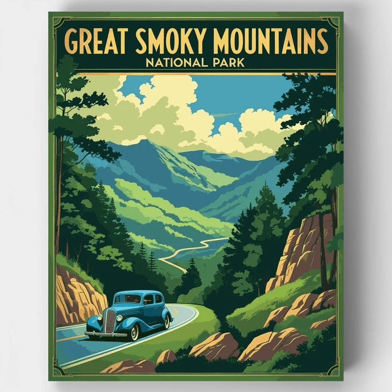 Great Smoky Mountains National Park Vintage Road Through the Valley - Paint by Numbers Kit