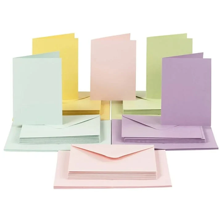 Set of 50 Pastel-Colored Postcards and Envelopes, 10.5×15 cm
