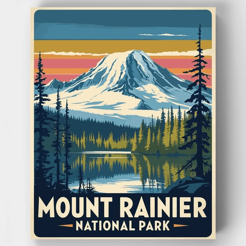Mount Rainier National Park Lake Reflection Sunset - Paint by Numbers Kit