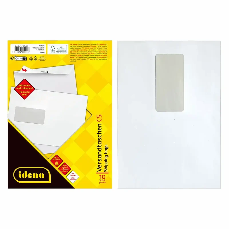 Idena Versandtaschen mit Fenster haftklebend 90g/m² weiß DIN C5 - 10 Stück