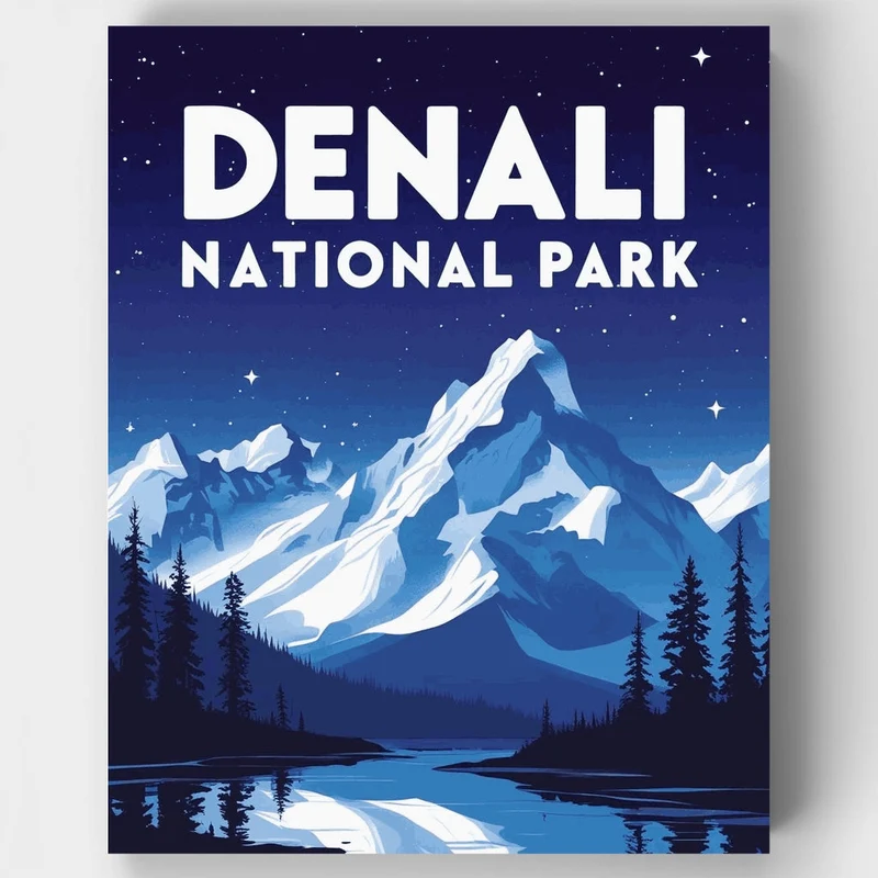 Denali National Park Starry Night Mountain Reflection - Paint by Numbers Kit