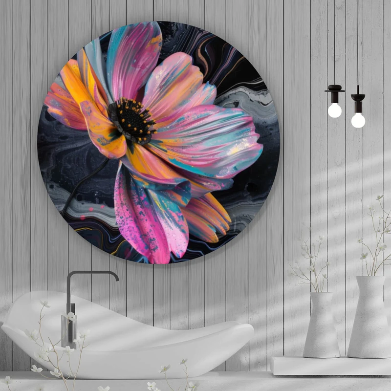 Aluminiumbild gebürstet Abstrakte bunte Blumen Fluid Art Kreis