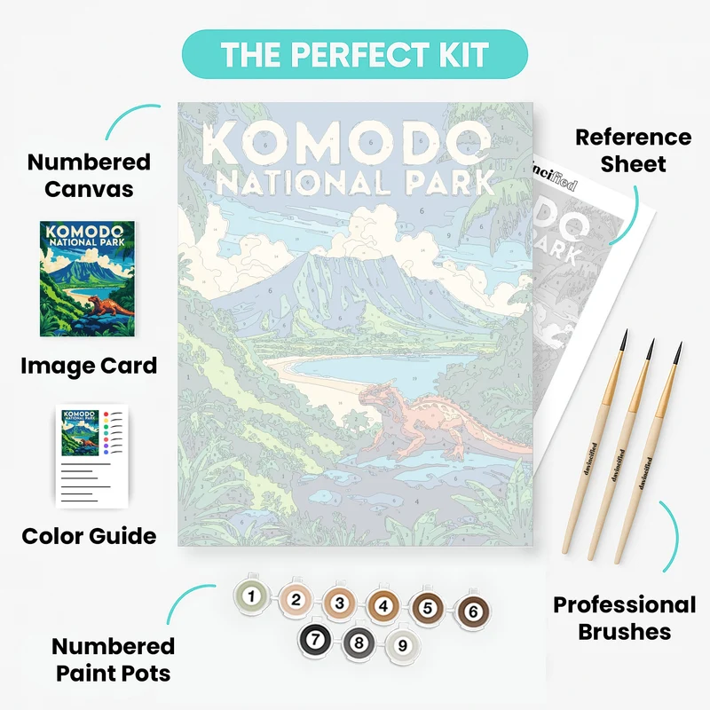 Komodo National Park Orange Dragon Tropical Bay Vista - Paint by Numbers Kit