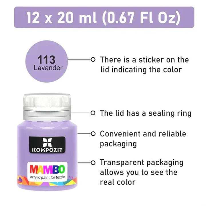 Kompozit MAMBO Pastel Fabric and Leather Paint Set, 12 x 20 ml