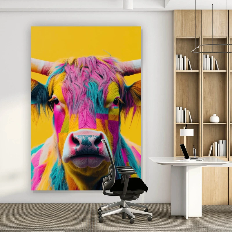 Aluminiumbild gebürstet Buntes modernes Hochlandrind vor gelben Hintergrund Hochformat