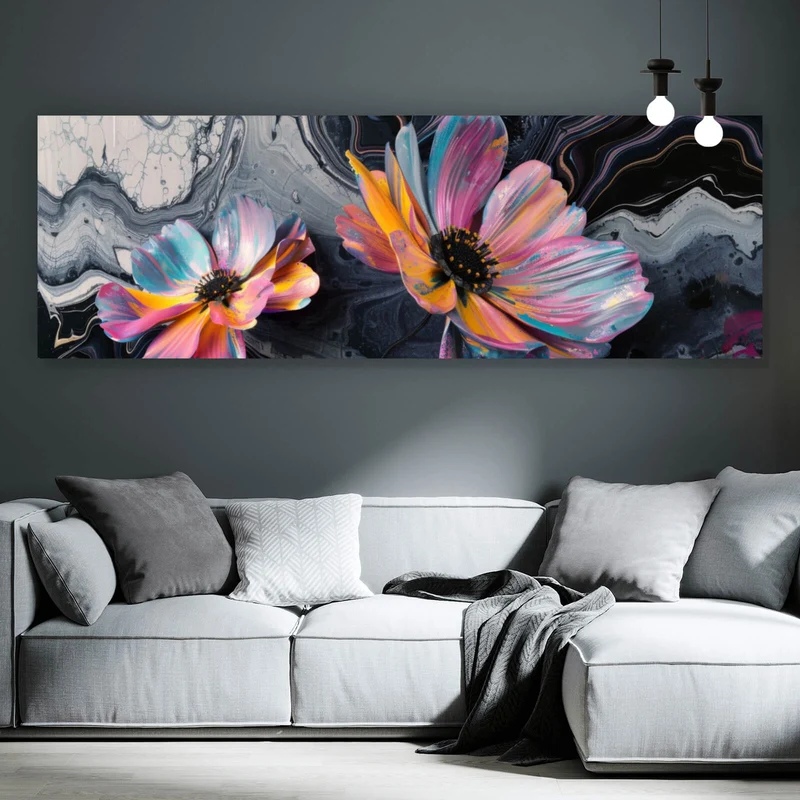 Acrylglasbild Abstrakte bunte Blumen Fluid Art Panorama