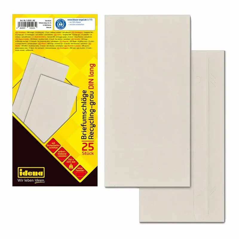 Idena Premium Briefumschläge DIN lang grau - 25 Stück aus recyceltem Papier, selbstklebend