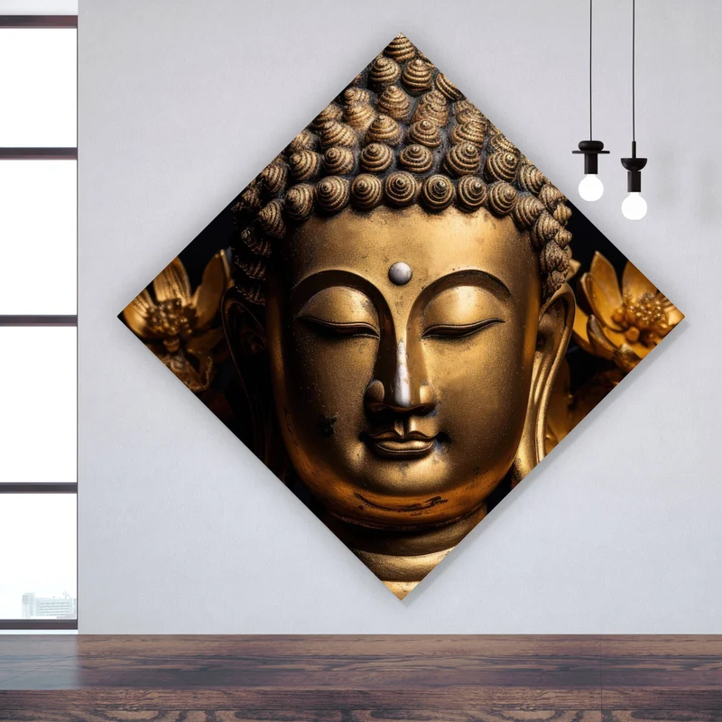 Acrylglasbild Edle Buddha Statue mit floralen Details Raute