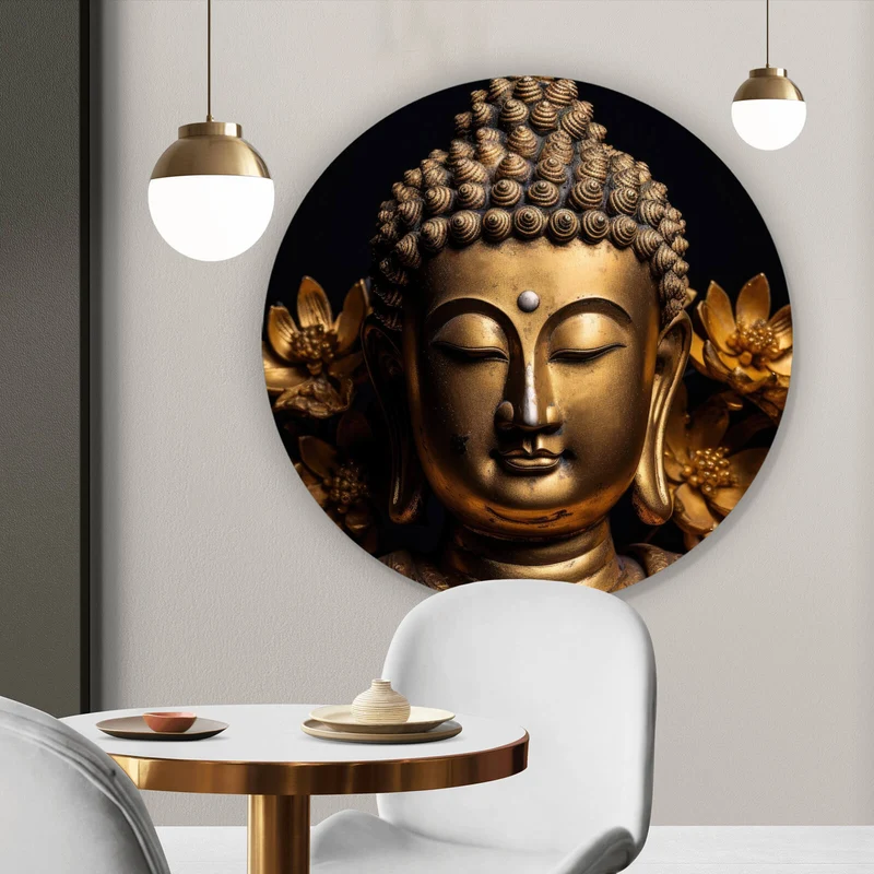 Aluminiumbild Edle Buddha Statue mit floralen Details Kreis