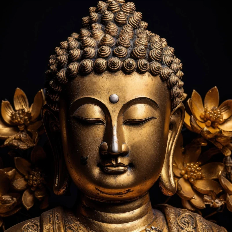 Aluminiumbild Edle Buddha Statue mit floralen Details Quadrat