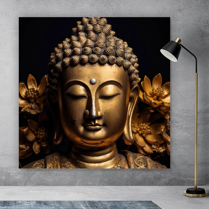 Leinwandbild Edle Buddha Statue mit floralen Details Quadrat