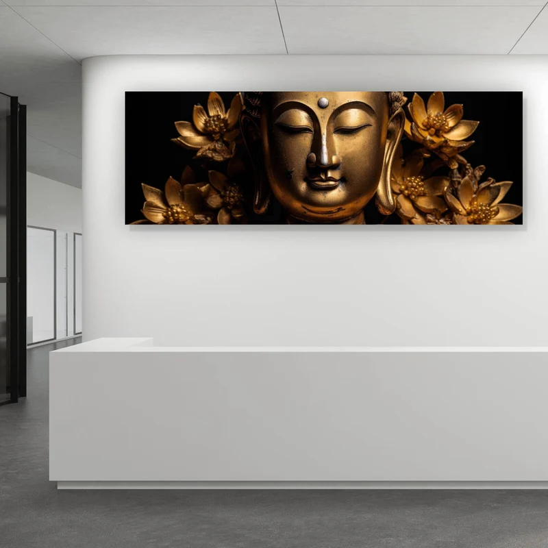 Poster Edle Buddha Statue mit floralen Details Panorama