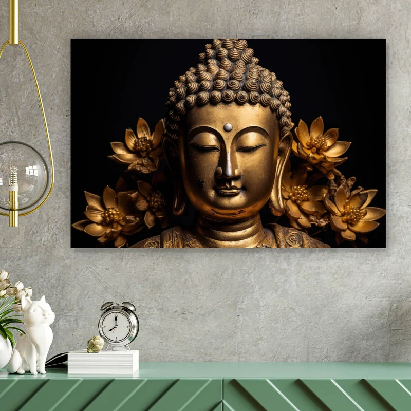 Spannrahmenbild Edle Buddha Statue mit floralen Details Querformat