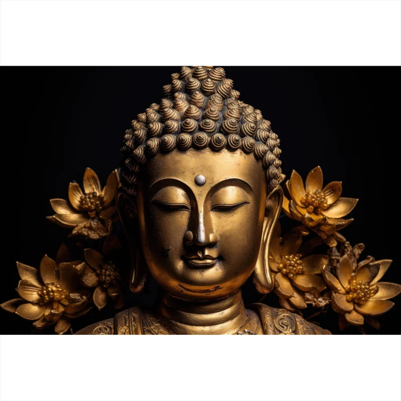 Leinwandbild Edle Buddha Statue mit floralen Details Querformat