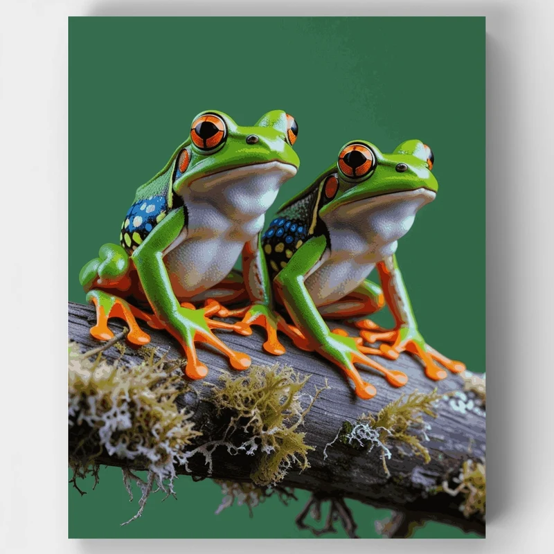 Two Red-Eyed Tree Frogs on a Mossy Branch - Paint by Numbers Kit